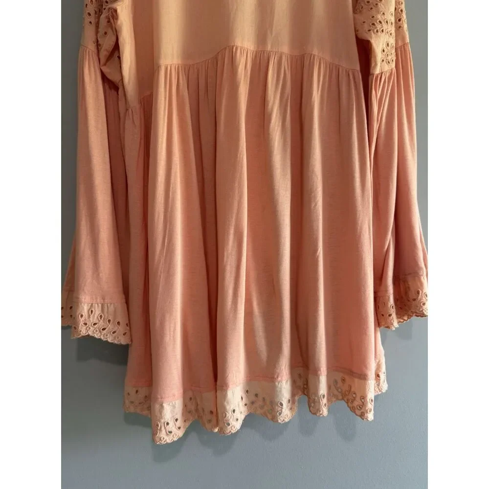 Free People Sea Of Love Tunic Top Peach Eyelet Bell Sleeve Blouse Boho Sequin Lg